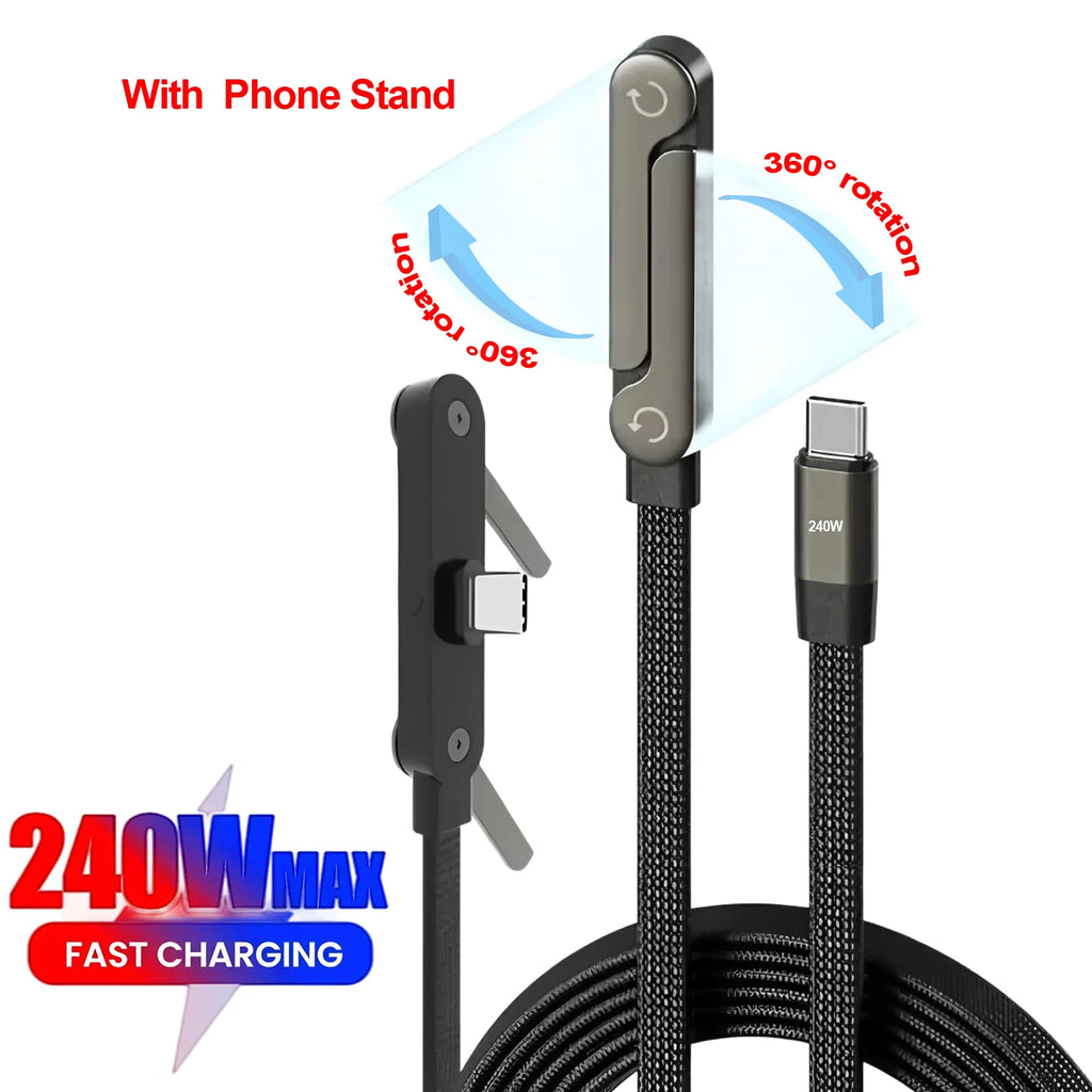 240W PD 2-in-1 Fast Charging Cable with Foldable Phone Holder Stand for iPhone Samsung Xiaomi