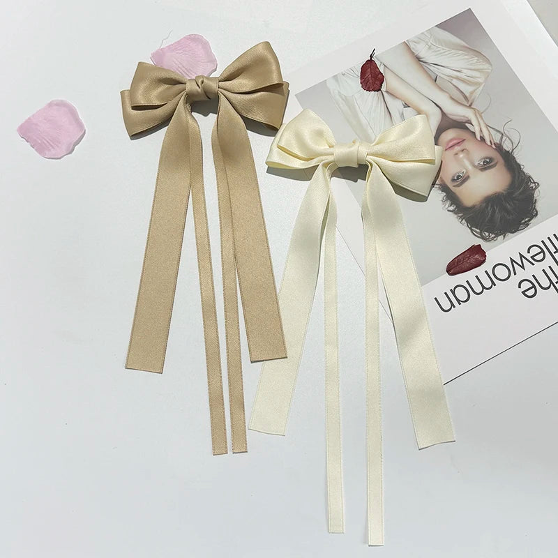 Solid Double Bowknots Hair Clips Women Long Ribbon Bow