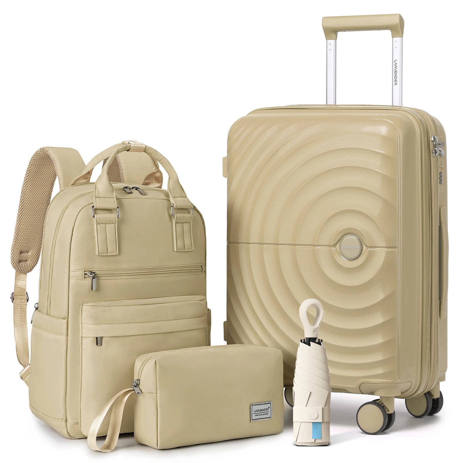 3-Piece Lightweight Expandable PP Luggage Set: 20" Carry-On Suitcase with 360° Spinner Wheels, Travel Backpack & Toiletry Bag, Champagne