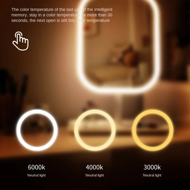 3 Color Light LED Desktop Vanity Mirror,Modern Makeup Mirror With Storage Tray,Women Bedroom Dressing Touching Mirror