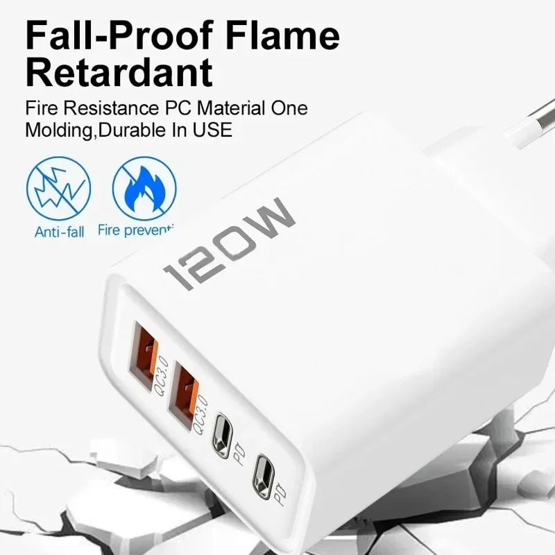 120W Quick Charge 4-Port USB C PD Fast Charger Wall Adapter For iPhone 17 16 15 Samsung S24 Xiaomi Huawei OnePlus EU US UK Plug