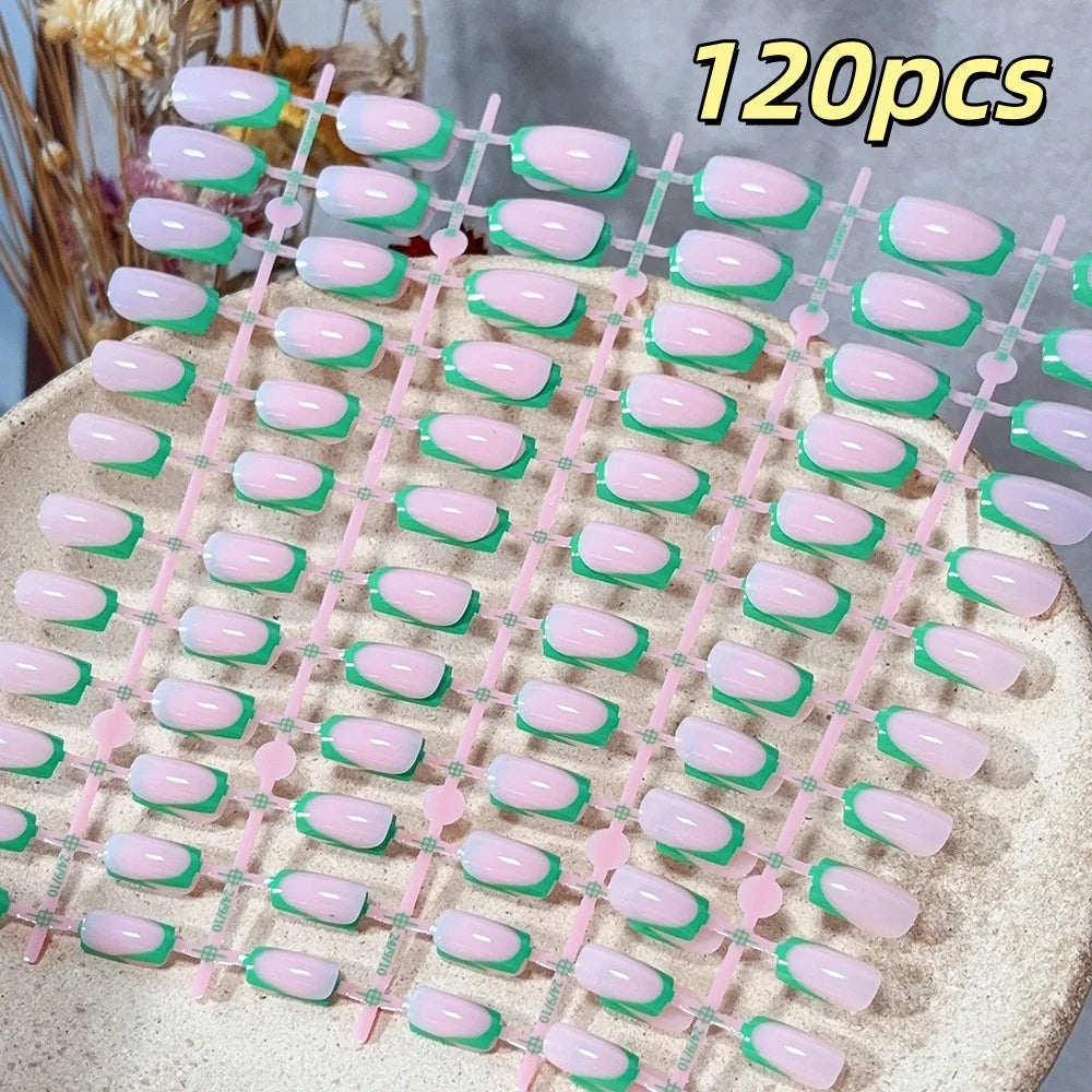 120pcs French Glossy Color Block Acrylic False Nails Spring & Summer Nude Tones Press-On Nails Full Cover Square Shape Nail Tips