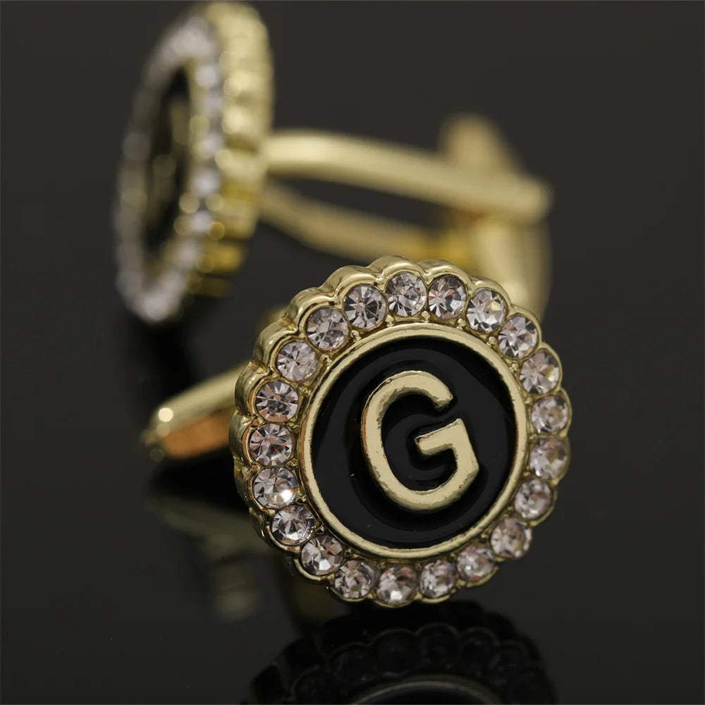26 Initial Capital Letter A-Z Mens Cufflinks Galaxy Golden Color Gear Shape Crystal Cuff Links Formal Shirt Suit Jewelry Gift