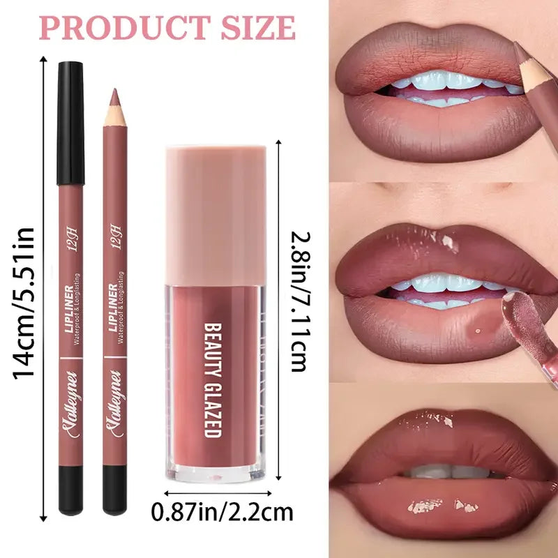 2pcs Waterproof Long-Lasting Matte Lip Makeup Set - Lip Liner & Glaze Combo with Pencil Texture