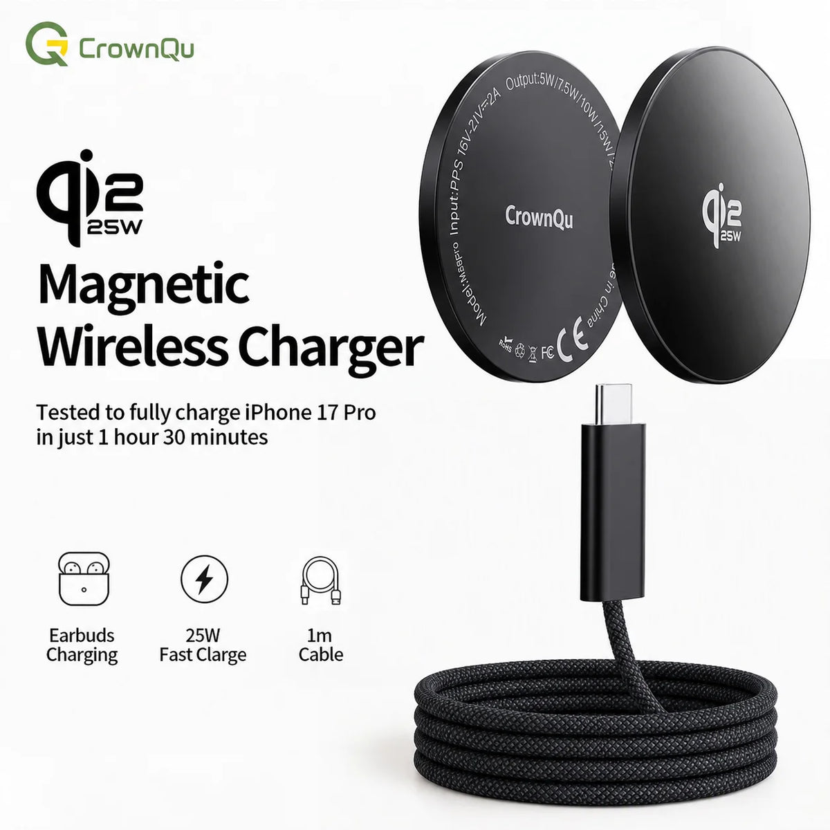 Qi2.2 Magnetic Wireless Charger Stand Foldable 25W Fast Charging with 47.2