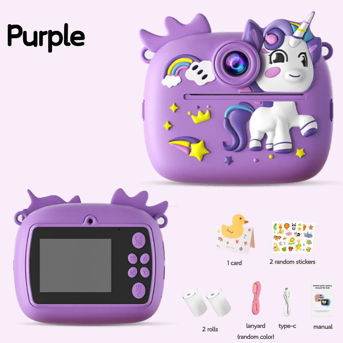Purple Cute Kids Colorful Instant Print Small Camera with SD Card