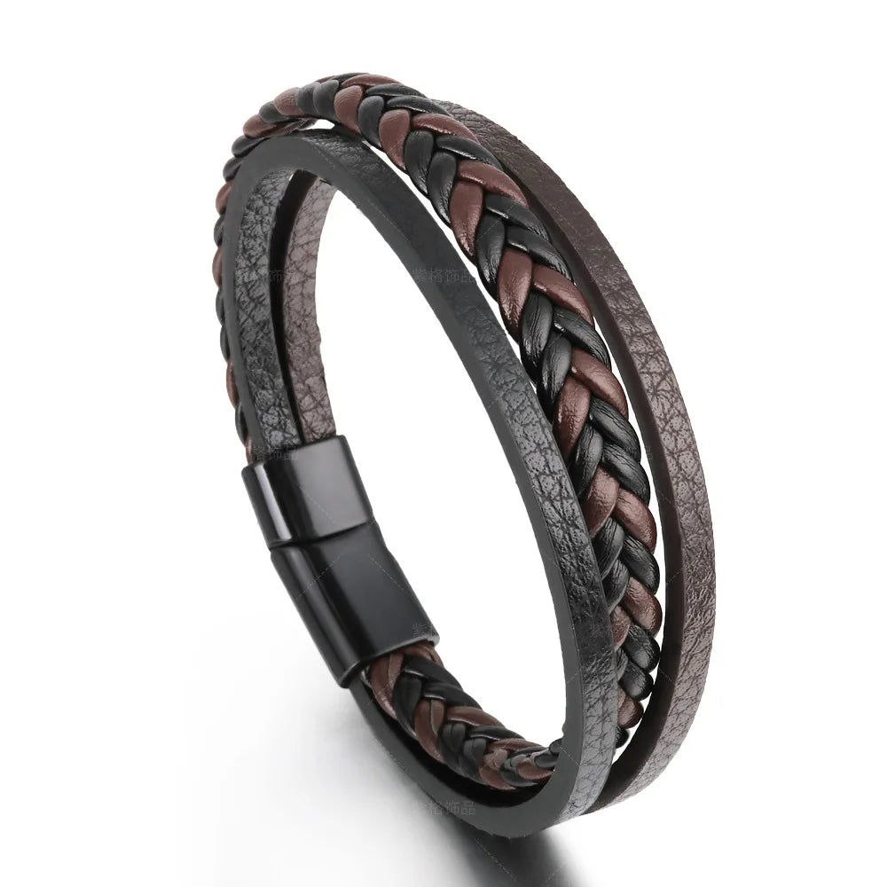 Trendy Leather Bracelets For Men Stainless Steel Bracelet 21CM Multilayer