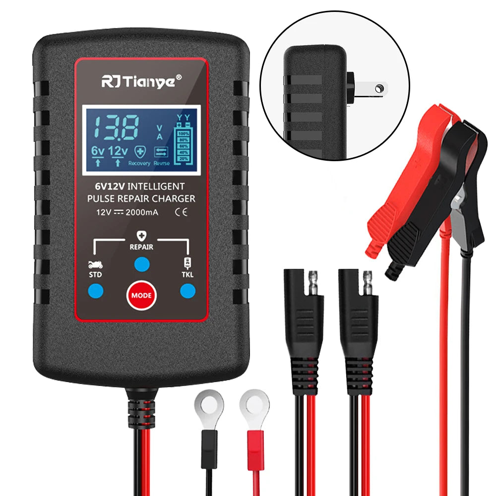 Car Automatic Float Charger Smart Battery Charger ASE Adapter Cable 6V 12V Switch Multiple Protections For Motorcycle Lawn Mower