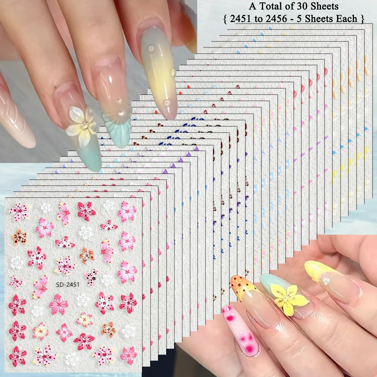 3 to 120 Sheets Tropical Flower Nail Stickers Hibiscus Butterfly Starfish