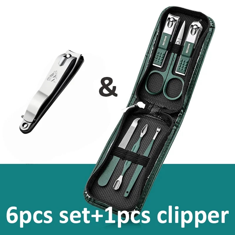 GreenStainlessSteel Nail Clippers Set-6-18 Nail Care Sets with Leather Storage Box-Professional Foot and Face Care Tool Set