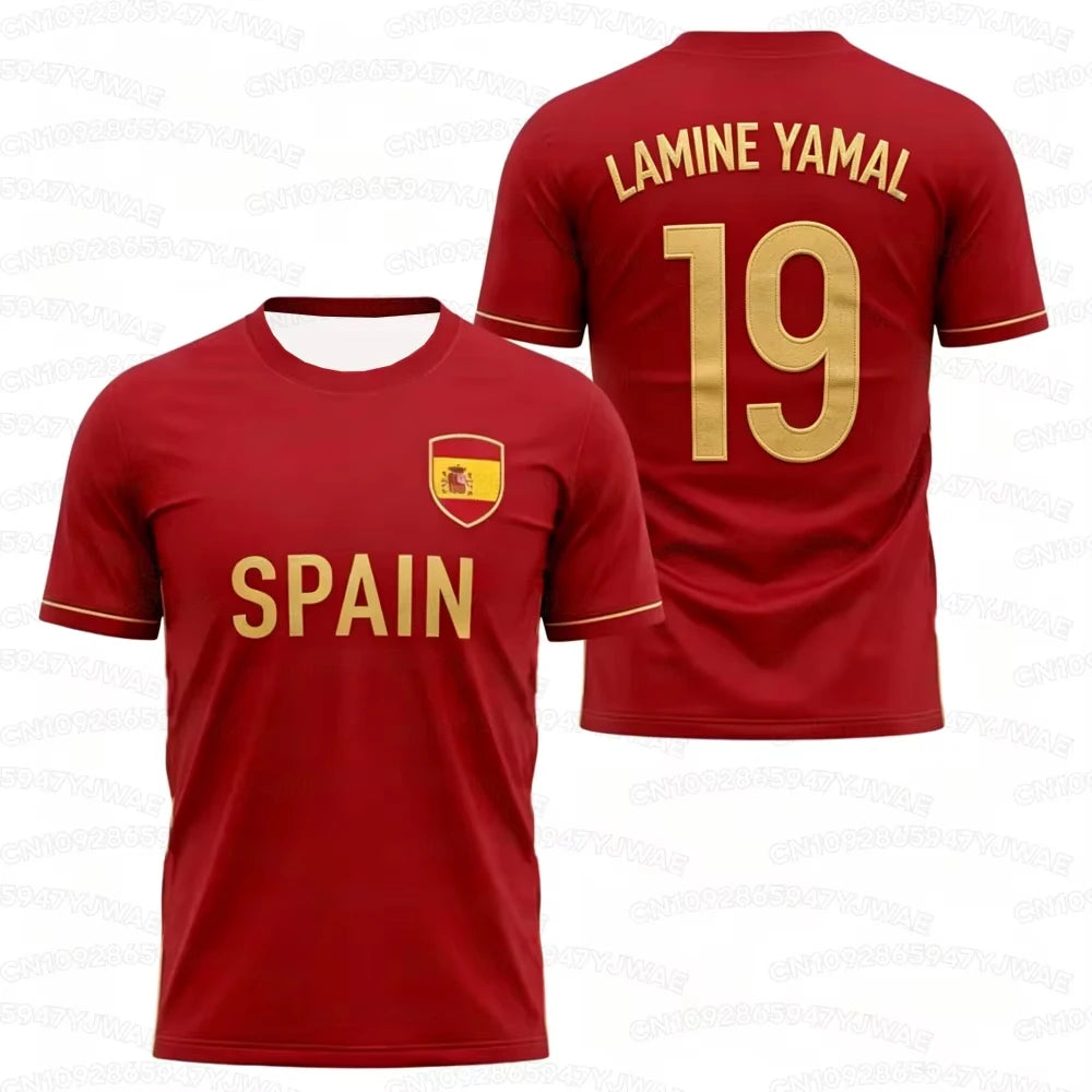 2026 Spain Flag Print Men's Women's NO.19 LAMINE YAMAL Short Sleeve 3D Print Tees Outdoor Kid Soccer Jersey Parent-child T-shirt