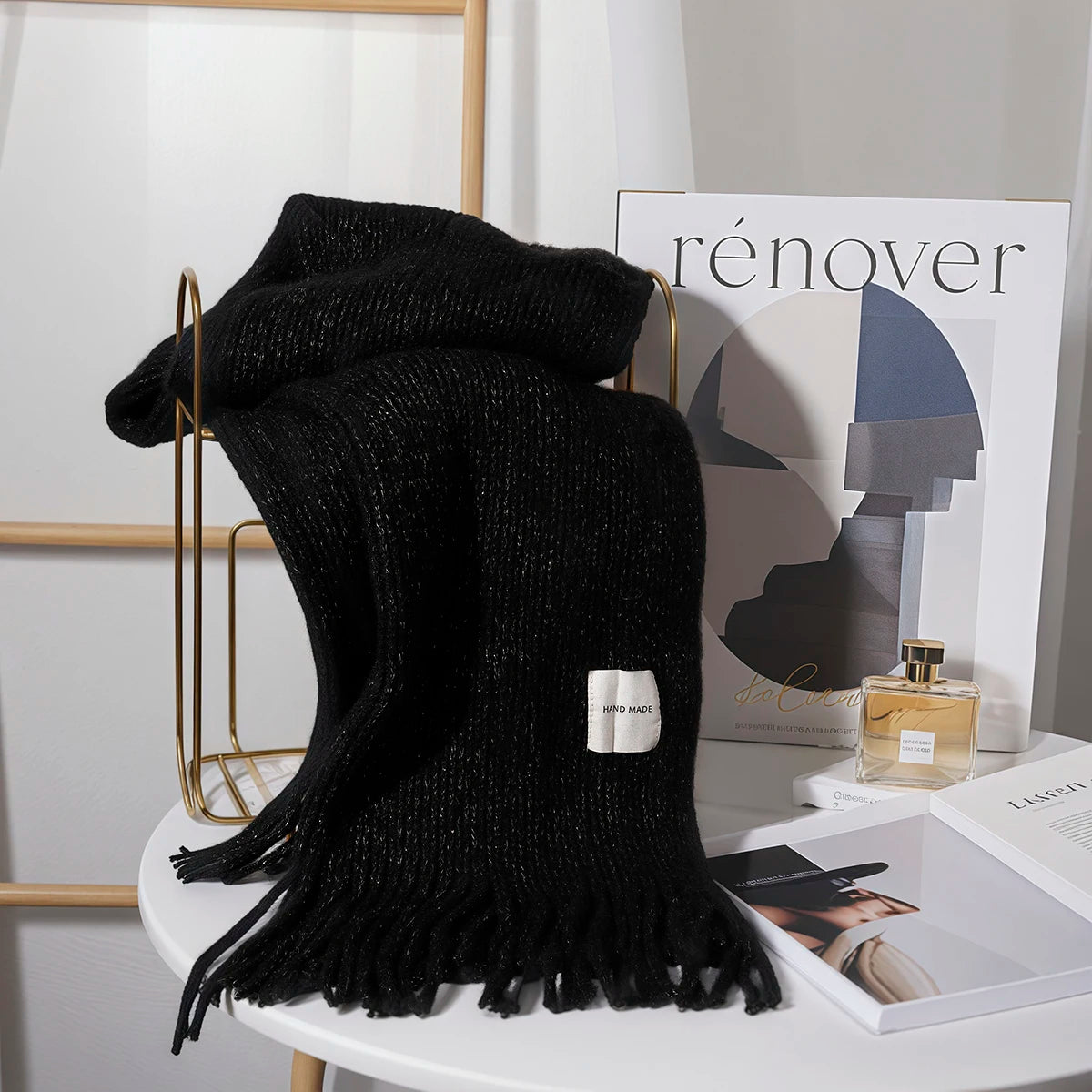 Women Solid Color Knitted Tassel Scarf