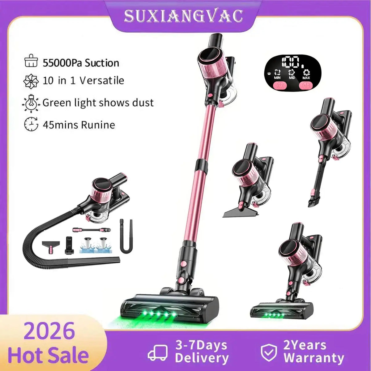 Cordless Vacuum Cleaner, 55Kpa/500W/45min 10 in 1 Powerful Stick Vacuum