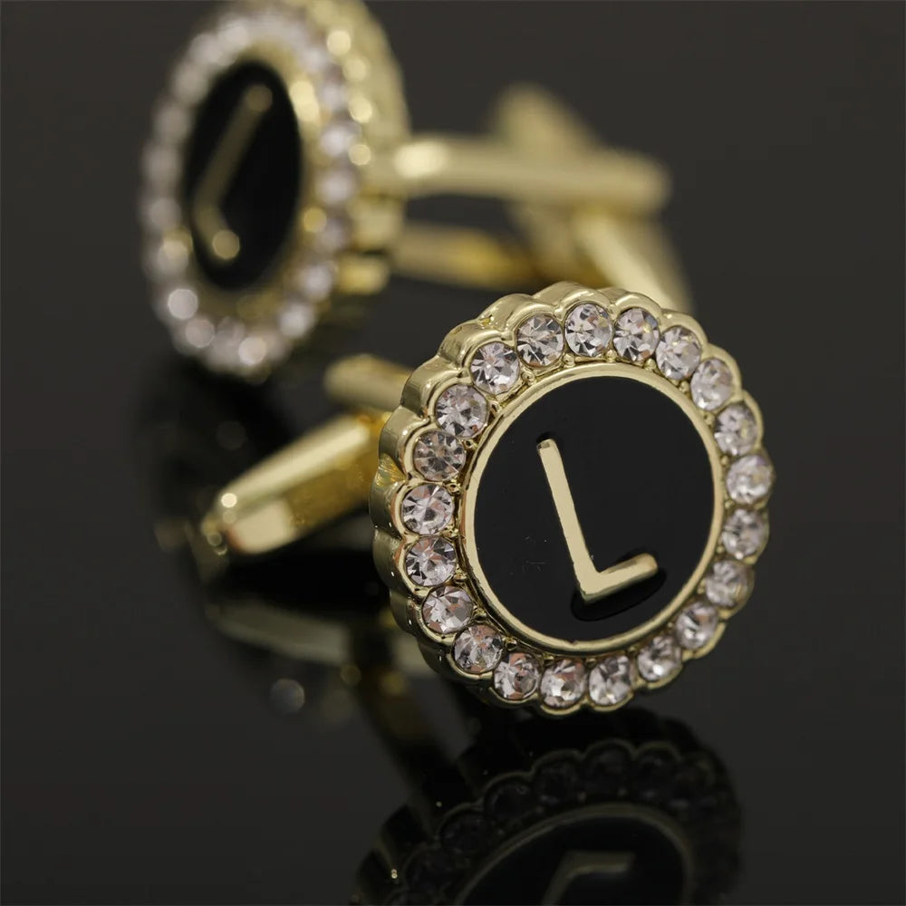 26 Initial Capital Letter A-Z Mens Cufflinks Galaxy Golden Color Gear Shape Crystal Cuff Links Formal Shirt Suit Jewelry Gift