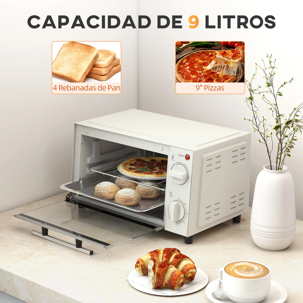 Homcom Mini Oven 9L Mini Oven with Baking Tray, Grill Rack, 100 ° C-230 ° C Stainless Steel