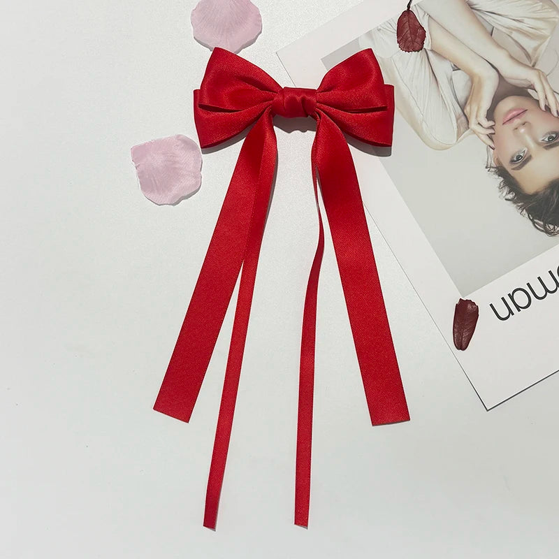 Solid Double Bowknots Hair Clips Women Long Ribbon Bow
