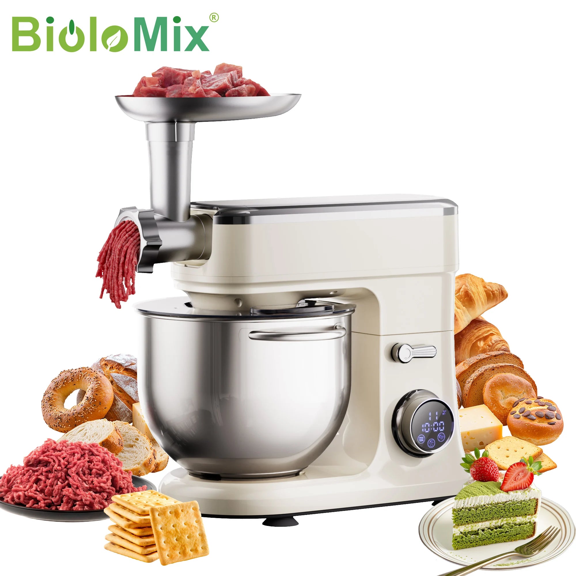 BioloMix 1200W Stand Mixer, 7L Food Mixers for Baking, with Dough Hook, Whisk & Beater, Meat Grinder Attachment