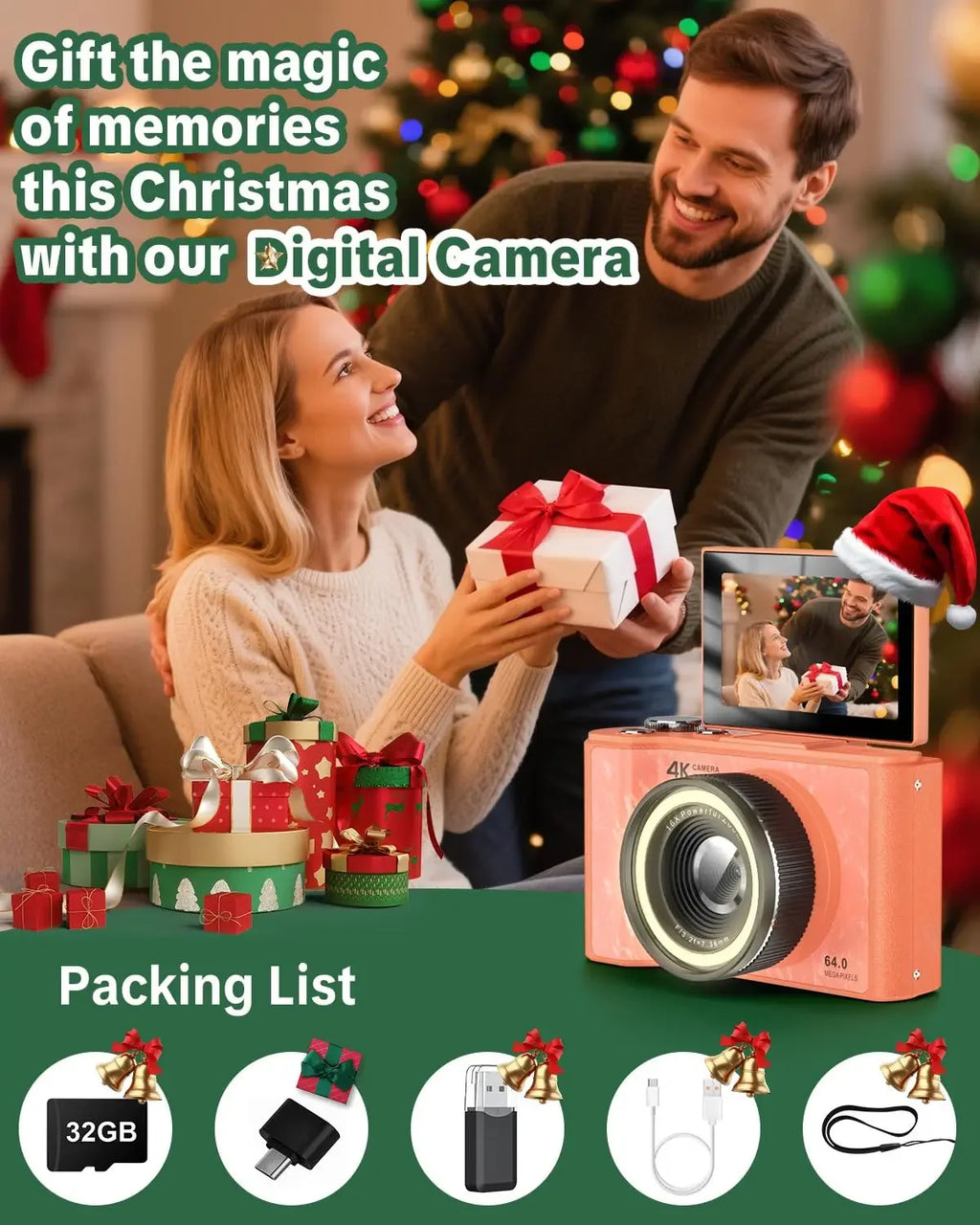 4K Vlogging Camera, 180° Flip Screen, Ring Light & Beauty Mode, Digital Camera for Beginners, 32G SD Card Included, Xmas Gift