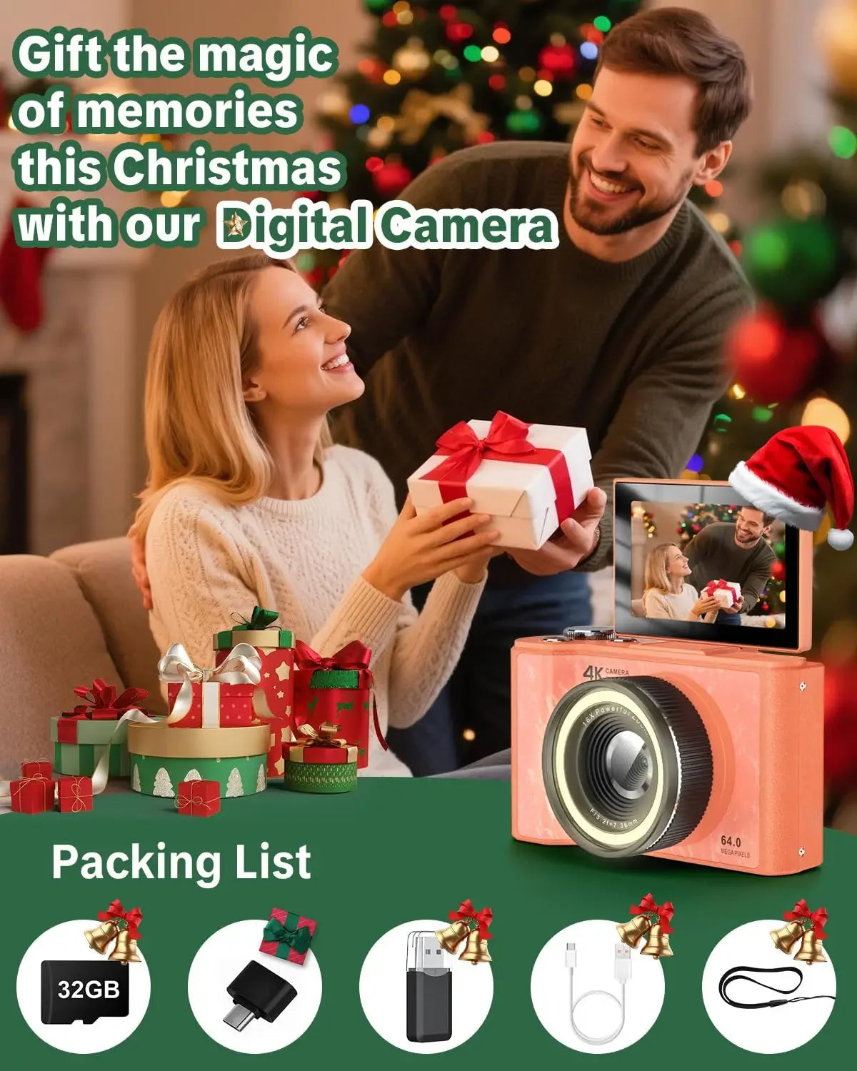 4K Vlogging Camera, 180° Flip Screen, Ring Light & Beauty Mode, Digital Camera for Beginners, 32G SD Card Included, Xmas Gift