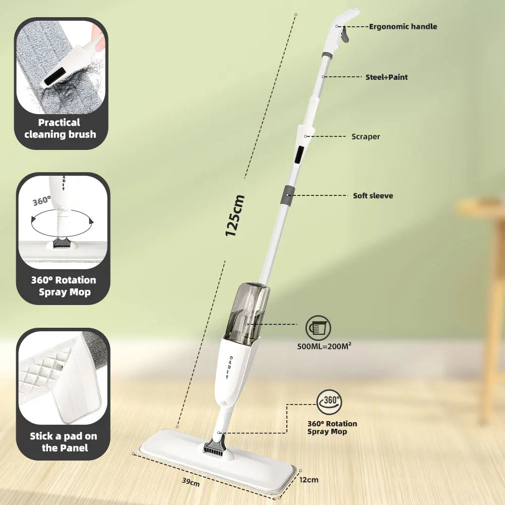 DARIS Spray Floor Cleaning Mop 500ML Wide Range Fan-shaped Mist Reusable Microfibers Pads 360°
