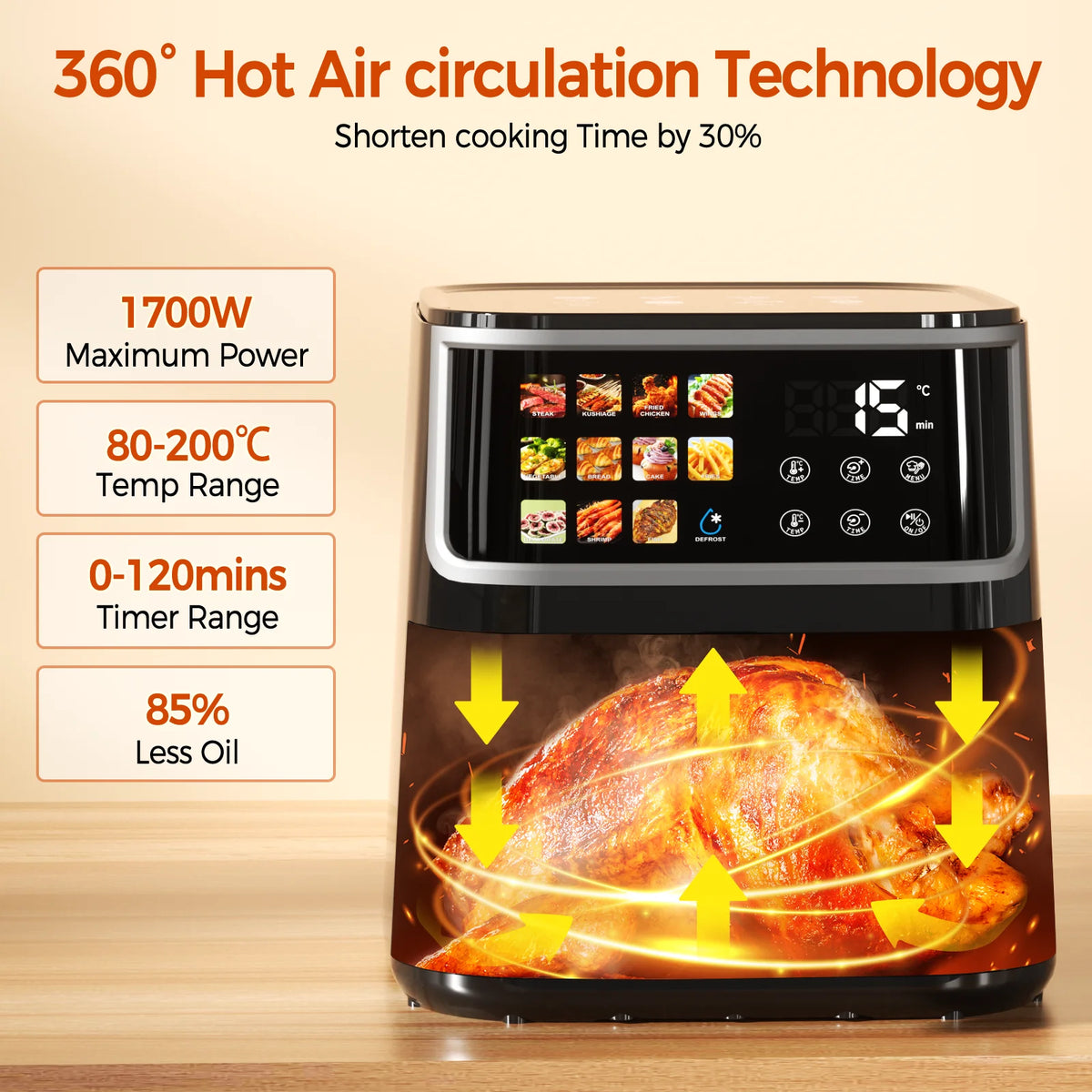 Smart Air Fryer 8L 1700W with Led Touch Screen 11 Preset Functions Max 200°C