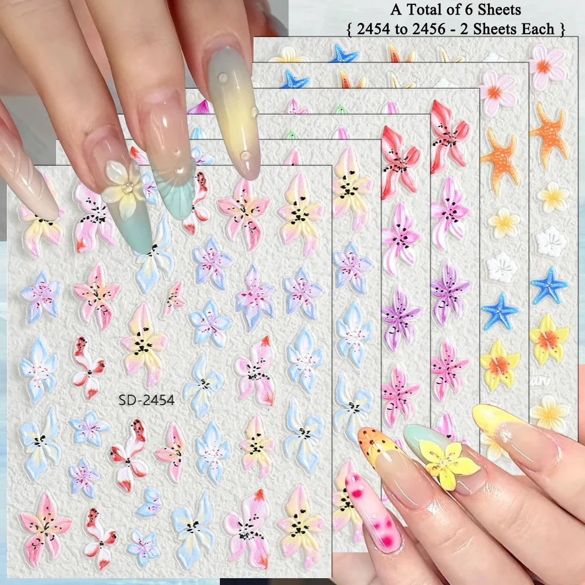 3 to 120 Sheets Tropical Flower Nail Stickers Hibiscus Butterfly Starfish