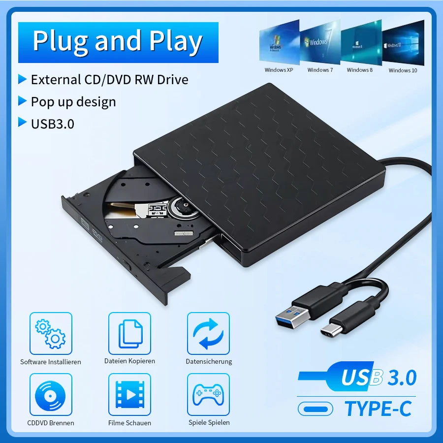 USB 3.0 Slim Type-C External DVD RW Drive CD Writer Burner Reader Player Optical Drives For Laptop PC DVD Burner DVD Portatil