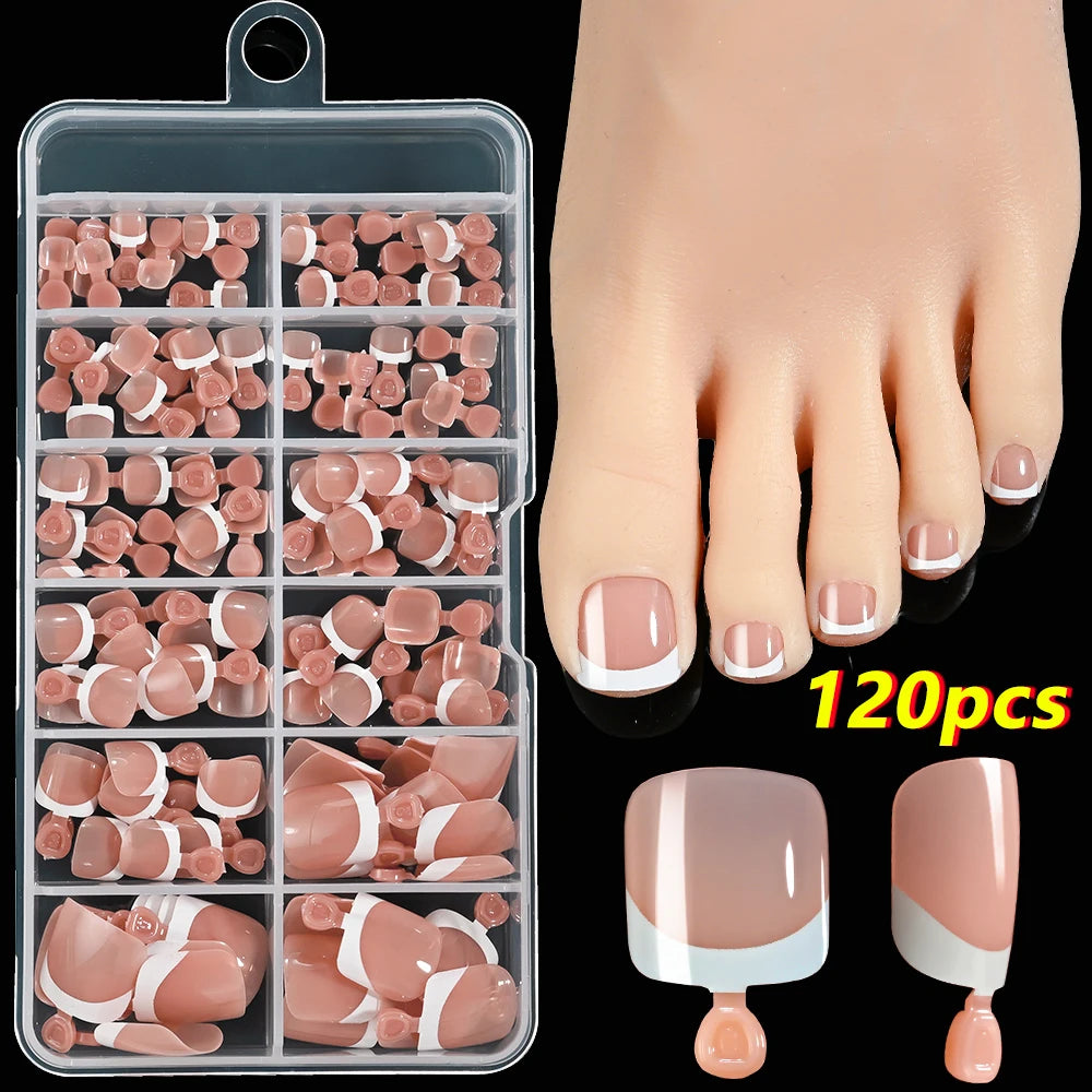 120pcs/Box French Tip Press-On Toenails Pink Color System Square Shape Foot Nails Short Length Glossy Finish False Toe Nails Set