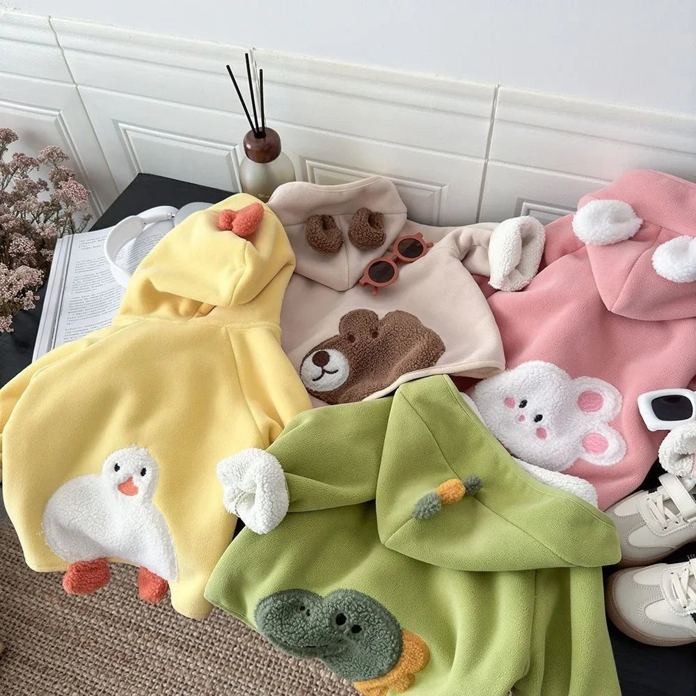2026 Kids Winter Coat Thickened Fleece Jacket Cartoon Animal Hooded