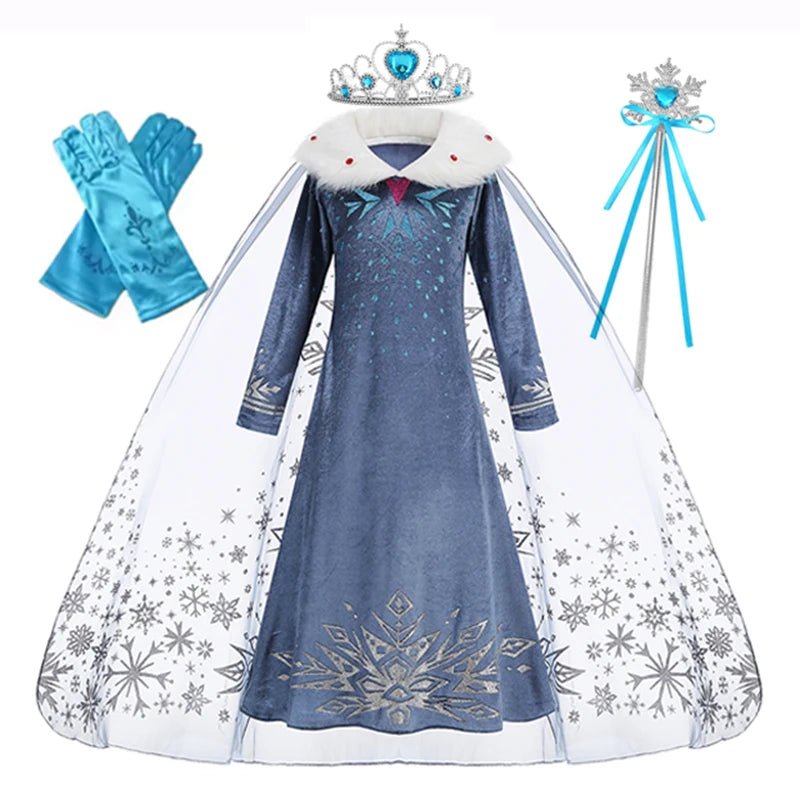 Elsa Princess Dress for Girls Birthday Party Carnival Costume Kids Cosplay Snow Queen Evening Long Sleeve 2026 Winter Clothes