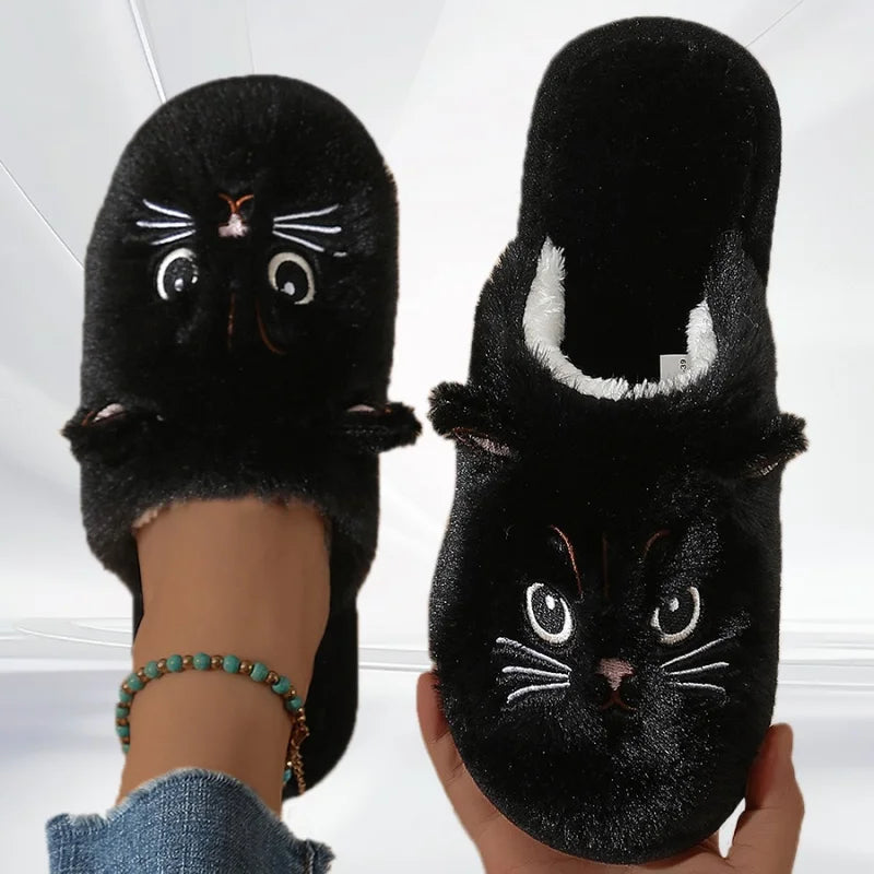 2025 Women Cute Cat Fluffy Furry Home Slippers Couples Indoor