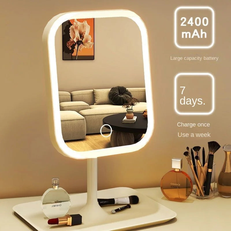 3 Color Light LED Desktop Vanity Mirror,Modern Makeup Mirror With Storage Tray,Women Bedroom Dressing Touching Mirror
