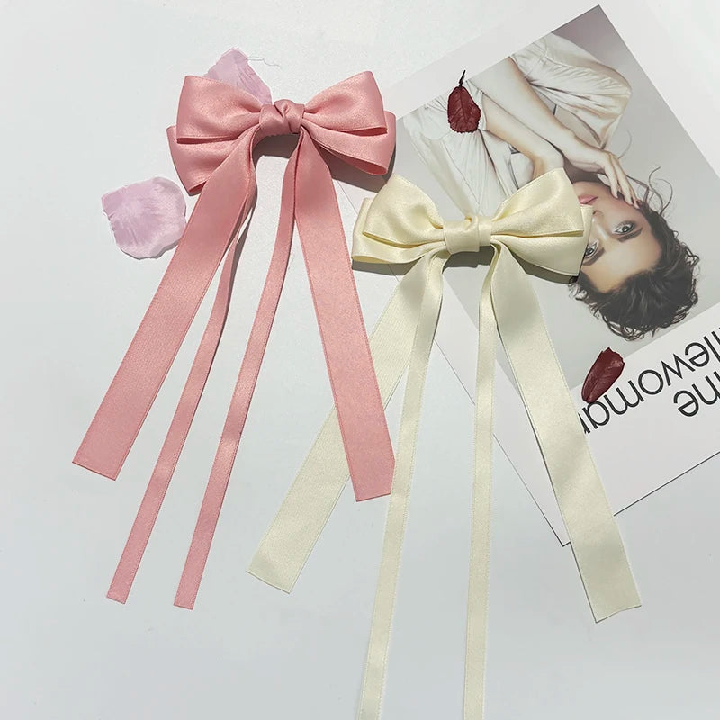 Solid Double Bowknots Hair Clips Women Long Ribbon Bow