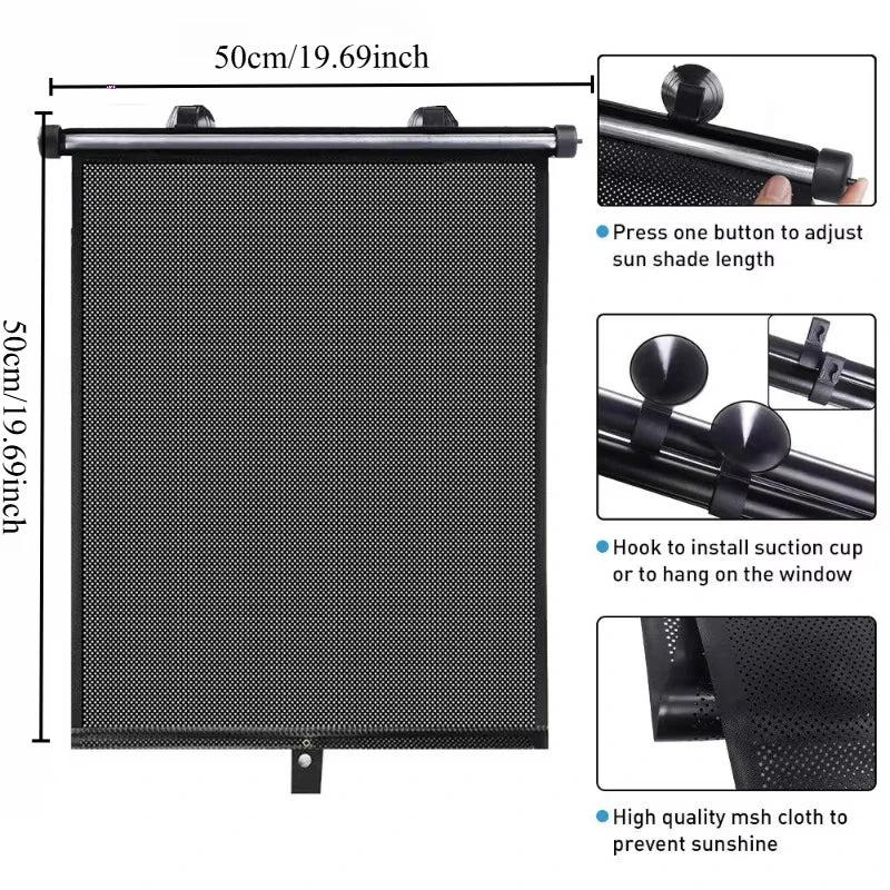 Retractable Car Side Window Sunshade UV Blocking Roller Curtain Mesh PVC Sun Protection Cover Summer Car Travel Accessory