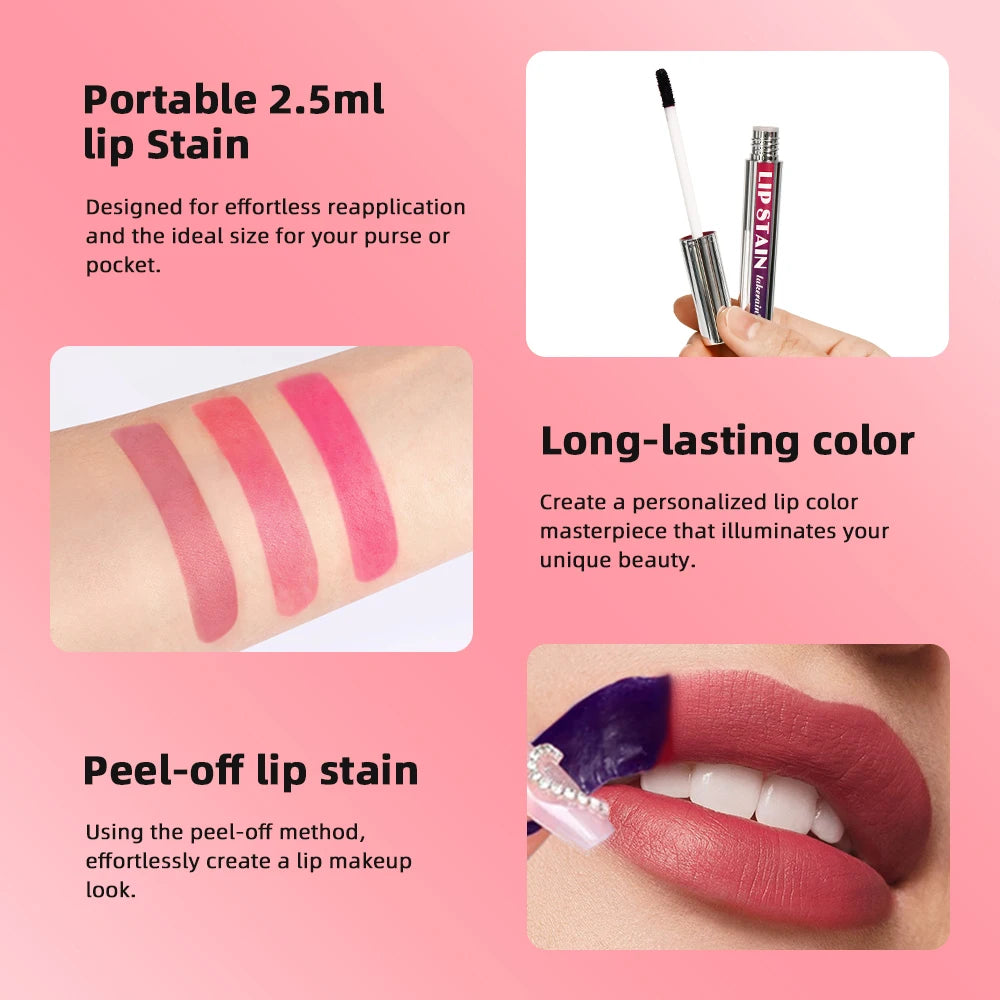 Peel Off Lip Stain Gloss 3 Colors Long Lasting Waterproof Non-stick Cup Lip Glosses Transfer Proof Natural Pink Lip Stain Makeup
