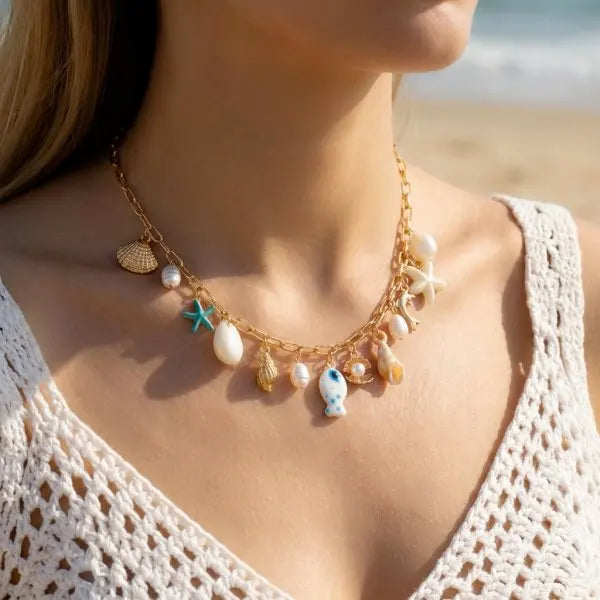 Boho Starfish Scallop Conch Pendant Necklace for Women Elegant Shell Pearl Tassel Metal Chain Choker Summer Beach Party Jewelry