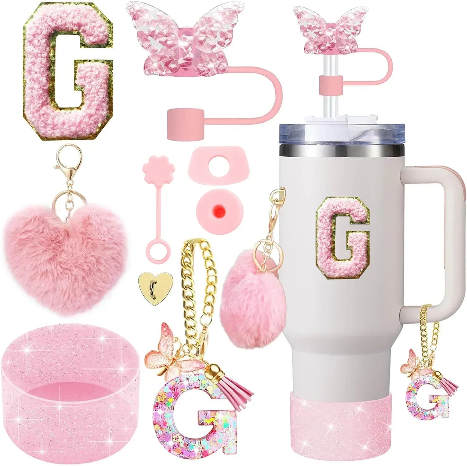 9PCS Accessory Set for Stanley Cup 30oz 40oz Butterfly Straw Cover Cap Silicone Boot Charm Initials Sticker Spill Proof Stopper