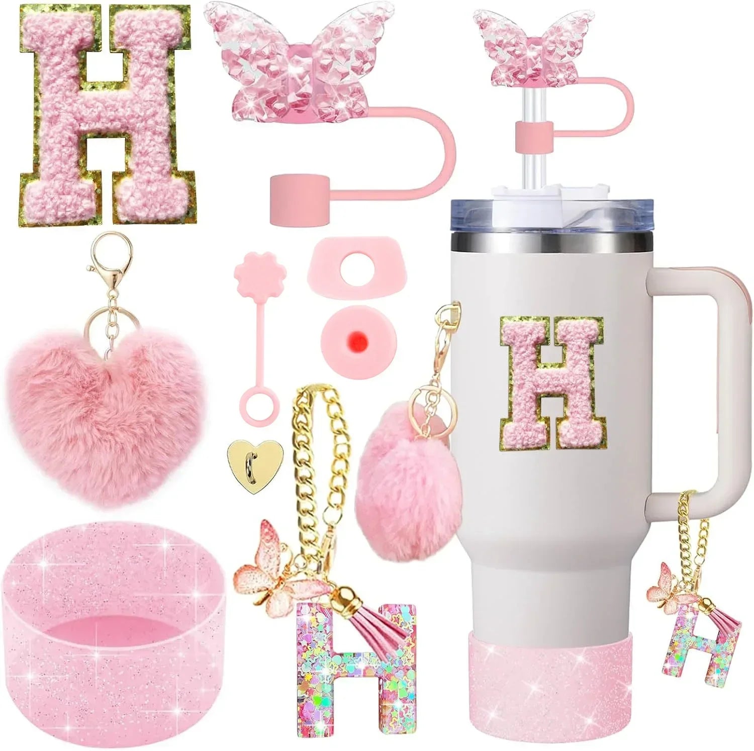9PCS Accessory Set for Stanley Cup 30oz 40oz Butterfly Straw Cover Cap Silicone Boot Charm Initials Sticker Spill Proof Stopper