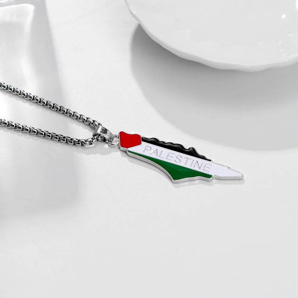 Palestine Map Pendant Keychain for Women Men Stainless Steel Map Geography