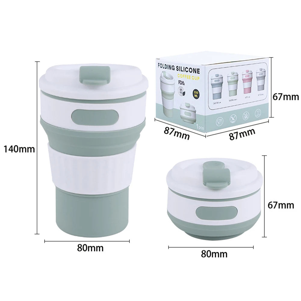 350ML Food-Grade Silicone Folding Cup Portable Travel Mug with Lid Leak Proof Collapsible Reusable for Hot Cold Drinks Outdoor