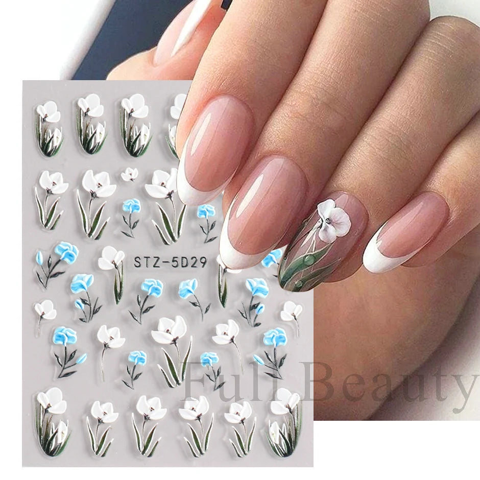 5D Simple Flowers Nail Embossed Stickers Elegant Wedding Design Adhesive Sliders Floral Textured Engraved Decoration Supplies