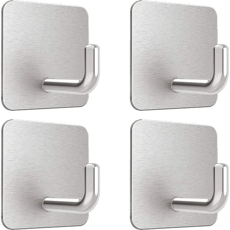 4Pcs No Drill Stainless Steel Self Adhesive Wall Hooks Heavy Duty Bathroom Kitchen Towel Storage Hanger
