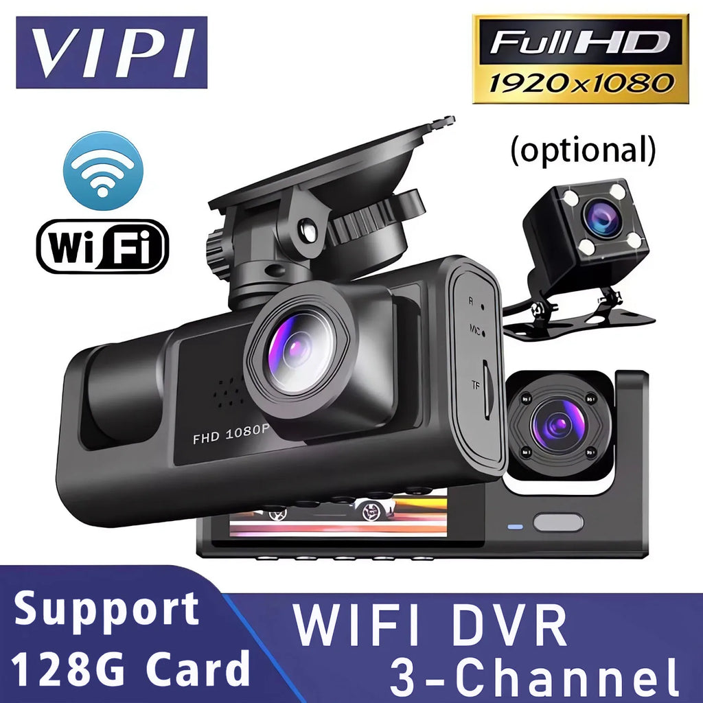 WiFi 3 Channel Car DVR Three Way Dash Cam Inside Vehicle