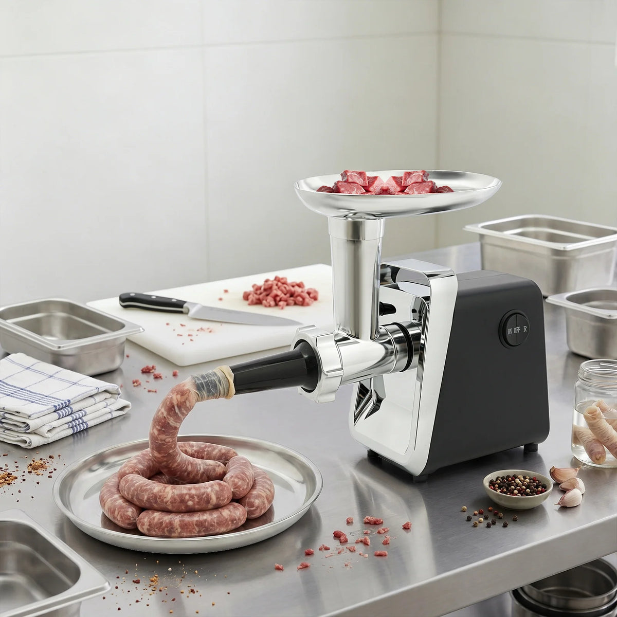 Electric Meat Grinder 250W 230RPM with 3 Cutter Heads and Sausage Attachment