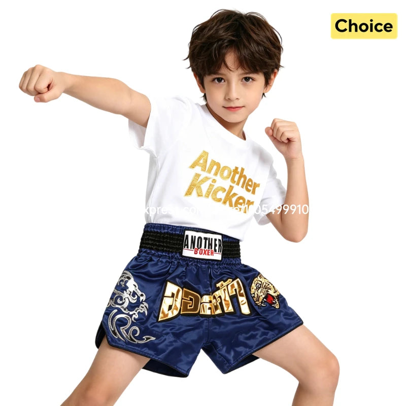 Tiger Muay Thai Shorts Embroidery Boxing Shorts Satin Kickboxing Fight Wear Men Women Kids MMA Training Competition Pants Blue