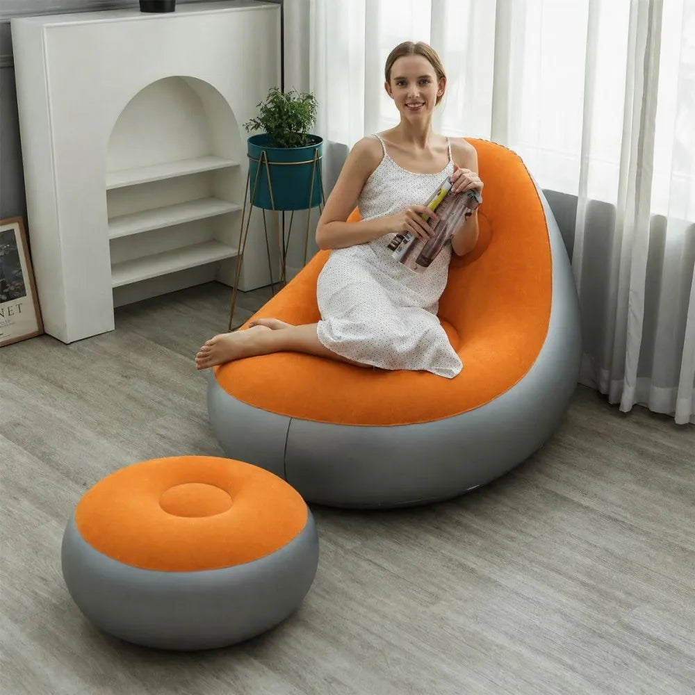 Inflatable Lazy Sofa + Footrest Set, Thickened Flocked Foldable Recliner, Portable Indoor/Outdoor Camping Lounge Chair for Home