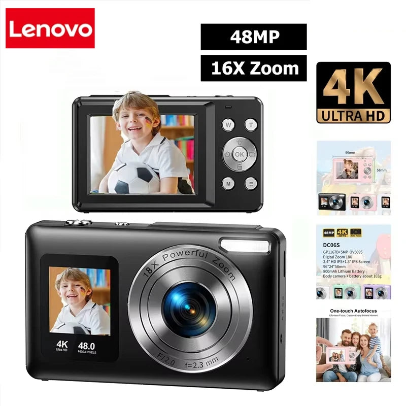 Lenovo 4K Digital Camera 48MP Dual Screen, Auto Focus Anti-Shake 16X Zoom,