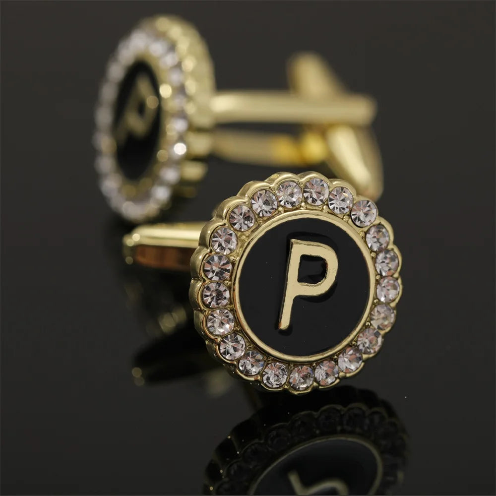 26 Initial Capital Letter A-Z Mens Cufflinks Galaxy Golden Color Gear Shape Crystal Cuff Links Formal Shirt Suit Jewelry Gift