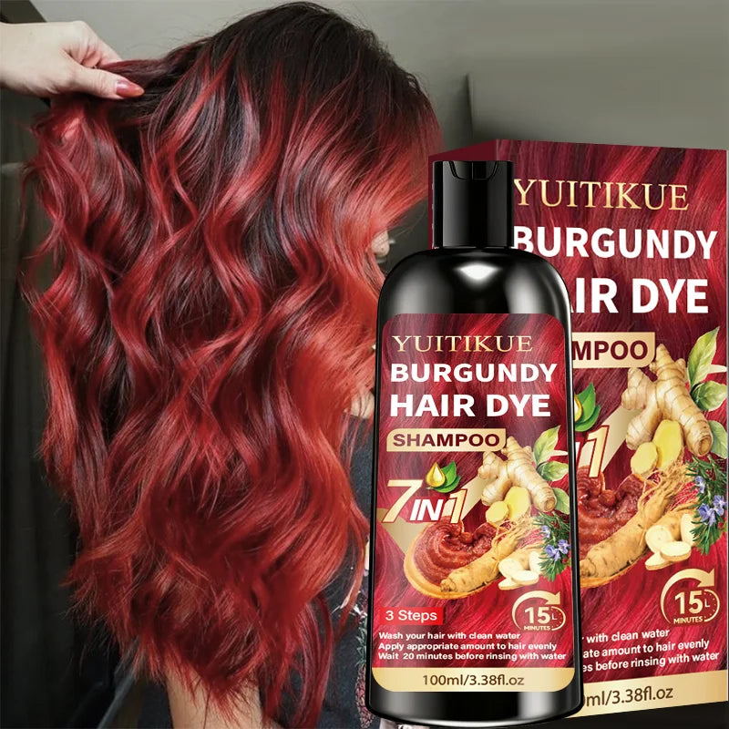 100ml YUITIKUE Burgundy Hair Color Shampoo 7 In 1 Plant Infused Cover Gray Hair Simple Home Hair Coloring Daily Use
