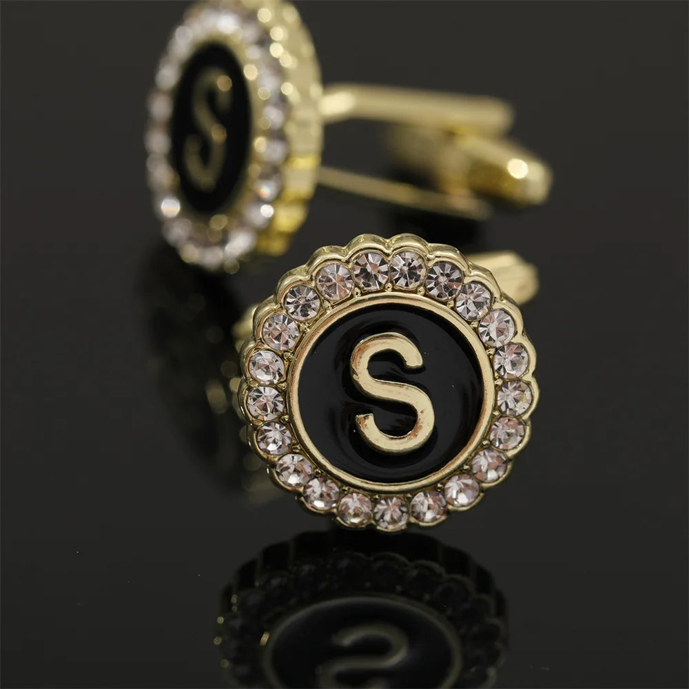 26 Initial Capital Letter A-Z Mens Cufflinks Galaxy Golden Color Gear Shape Crystal Cuff Links Formal Shirt Suit Jewelry Gift